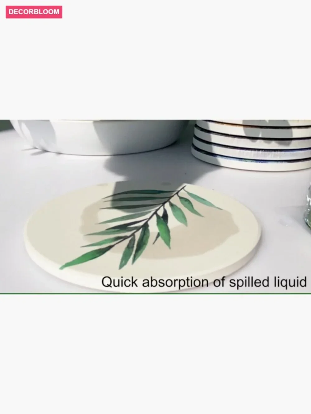 6 Round Stone Absorbent Coasters with Cork Base & Metal Holder